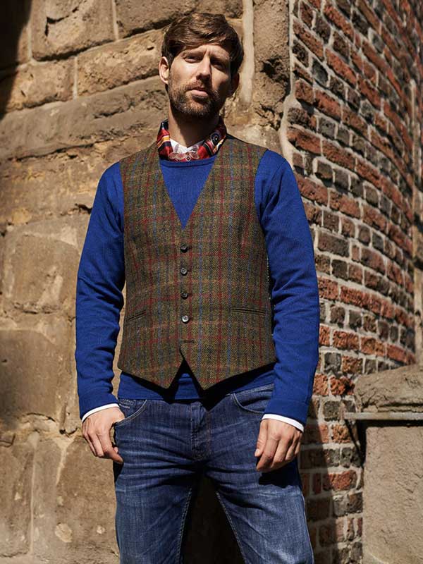Harris_Tweed_Vestje_Tailor_Zonder_Revers_In_Red_Blue_Check