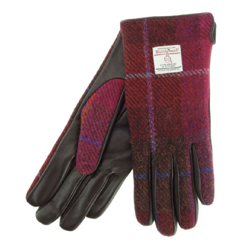 Ladies_Brown_Leather___Tweed_Gloves_in_Dark_Pink_Tartan