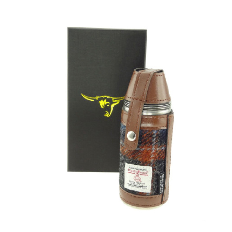Harris_Tweed_Hunting_Flask_Grey_with_Rust_Overcheck