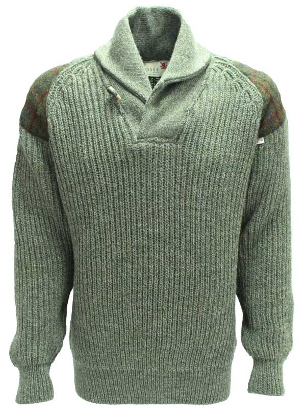 Chunky_knit_Shawl_Collar_Sweater_with_Harris_Tweed_patches_Derbytweed