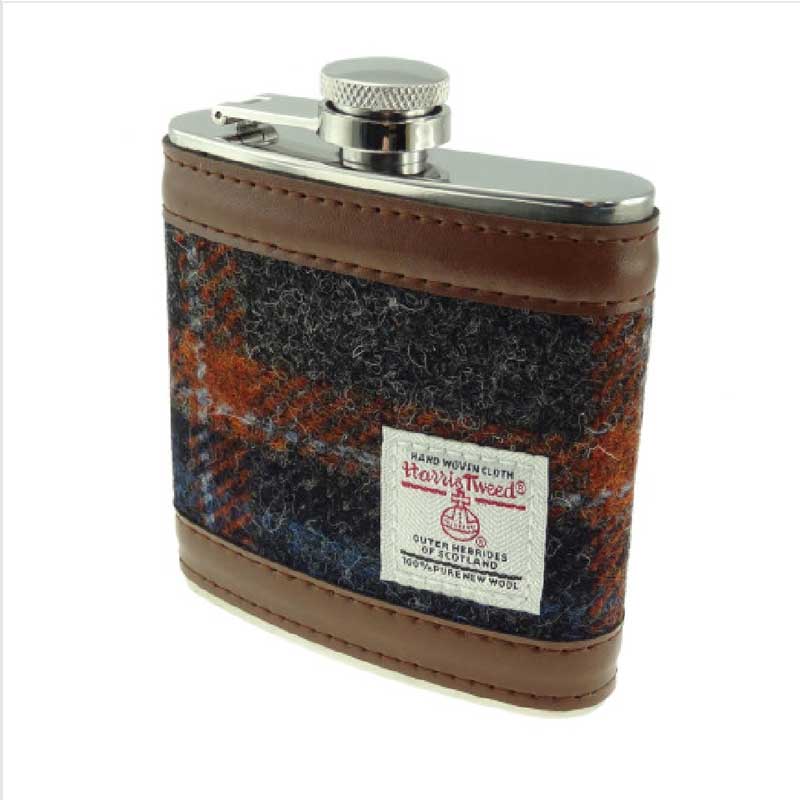 Harris_Tweed_6oz_Hip_Flask_Grey_with_Rust_Overcheck