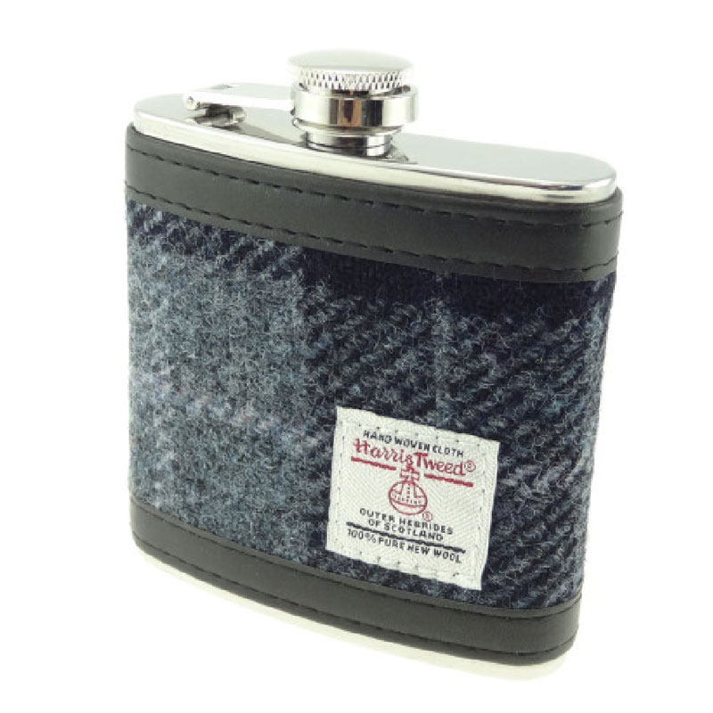 Harris_Tweed_6oz_Hip_Flask_Black_Grey_Tartan
