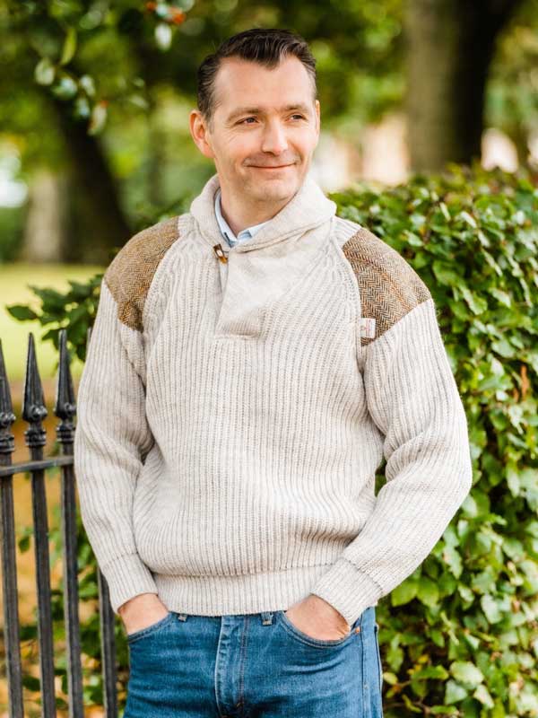 Chunky_knit_Shawl_Collar_Sweater_with_Harris_Tweed_patches_Light_Grey_Welsh