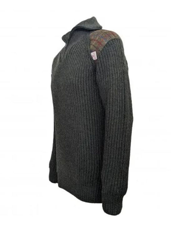 Chunky Knit 5 Gauge Quarter Zip With Harris Tweed patches Moss Green - Afbeelding 3
