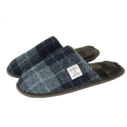 Harris Tweed Slippers Black Grey Tartan