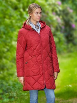 Dames Steppmantel 'Perth' Met Harris Tweed Details en Capuchon In Red Dahlia