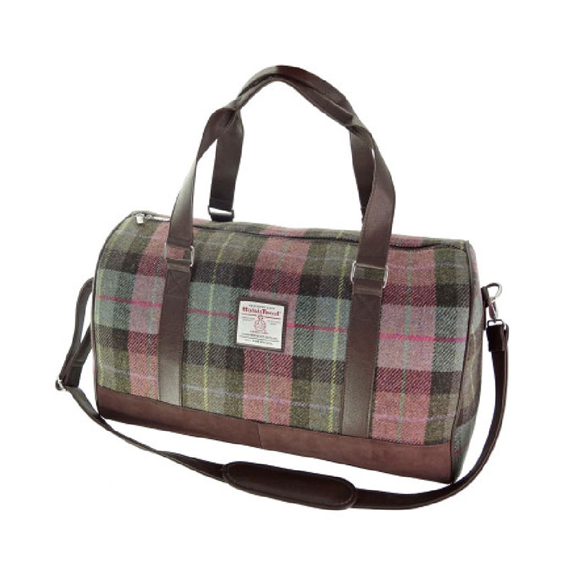 Harris Tweed 'Clyde' Weekend Bag in Muted Green & Rose Pink Tartan