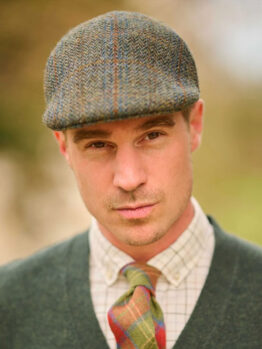 Harris Tweed Flat Cap Henry In Oliv-Blue Overcheck
