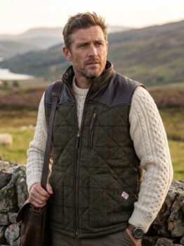 Harris Tweed Bodywarmer “Levi” Gevoerd Met Lederen Applicaties 633