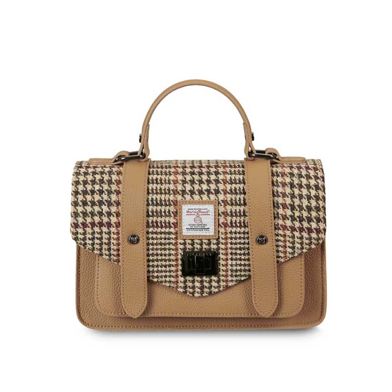 Harris Tweed Clutch, The Leather Medium Satchel, Islander, Beige Dogtooth