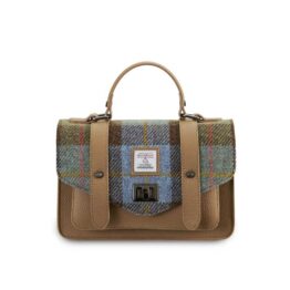 Harris Tweed Clutch, The Leather Medium Satchel, Islander, Chestnut Blue Tartan