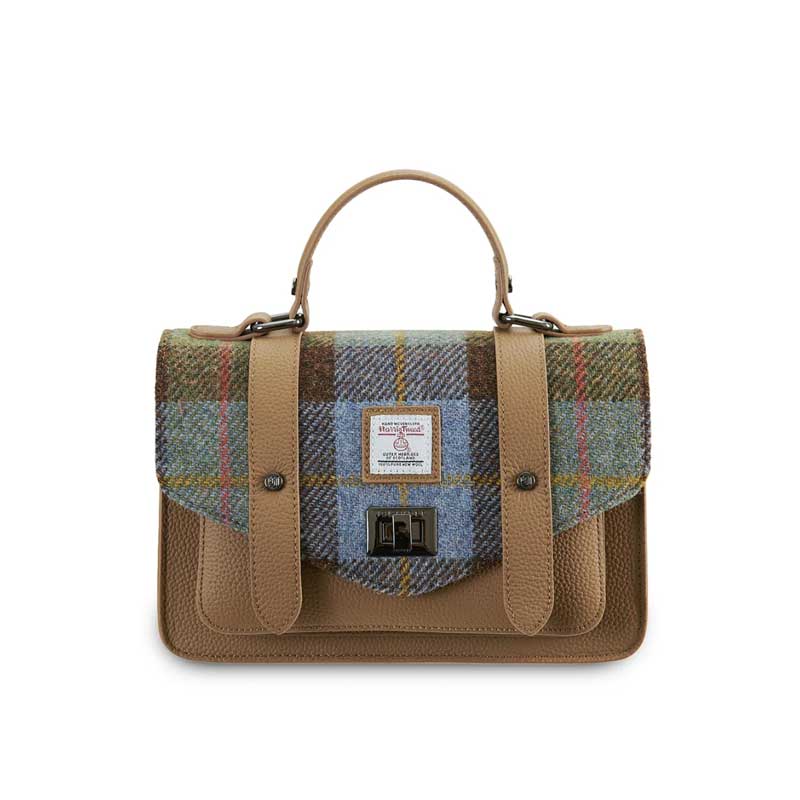 Harris Tweed Clutch, The Leather Medium Satchel, Islander, Chestnut Blue Tartan