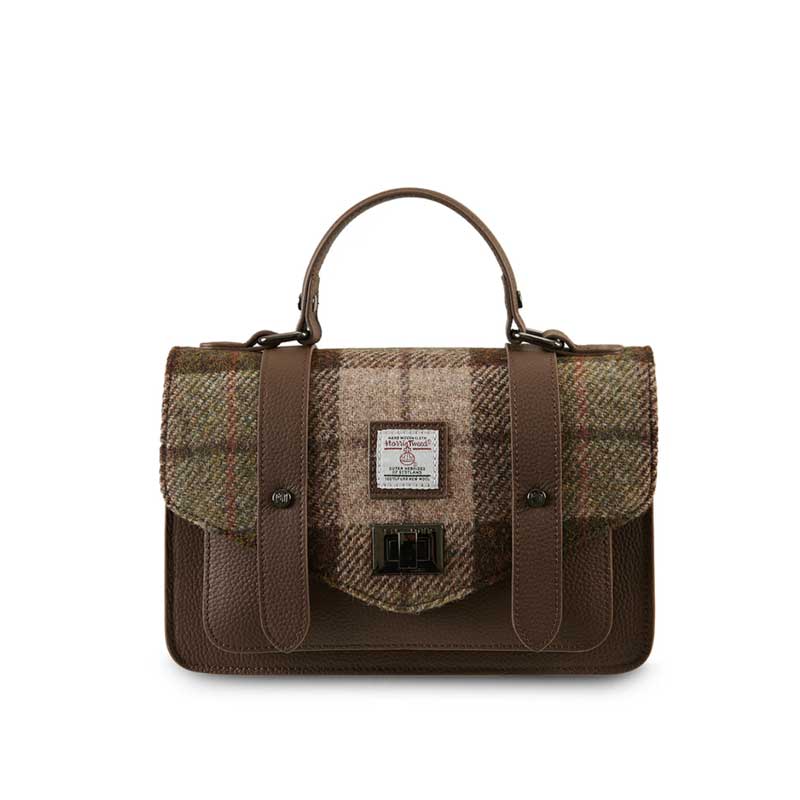 Harris Tweed Clutch, The Leather Medium Satchel, Islander, Chestnut Tartan