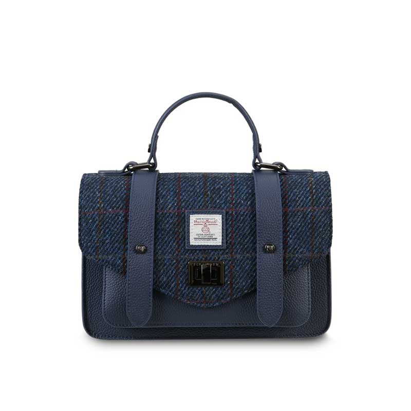 Harris Tweed Clutch, The Leather Medium Satchel, Islander, Navy Overcheck