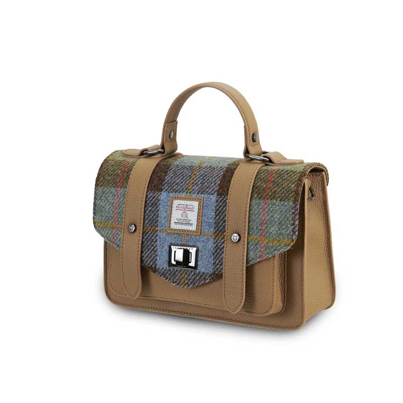 Harris Tweed Clutch, The Leather Medium Satchel, Islander, Chestnut Blue Tartan - Afbeelding 2