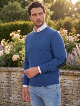 Pullover Lambswool "Jordan" Met Harris Tweed Details In Denim Blue