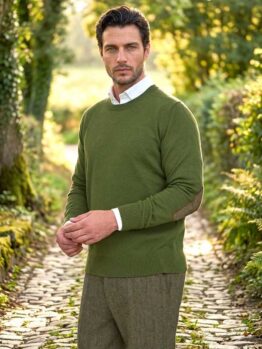 Pullover Lambswool "Jordan" Met Harris Tweed Details In Racing Green