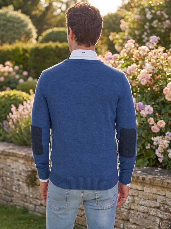 Pullover Lambswool "Jordan" Met Harris Tweed Details In Denim Blue - Afbeelding 2