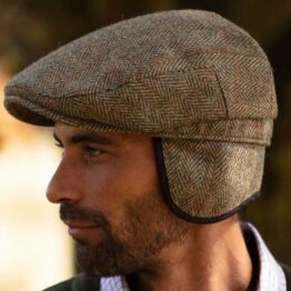 Harris Tweed Flat Cap Edward With Foldable Ear Flaps Moss Green